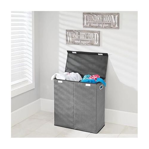  mDesign Extra Large Divided Laundry Hamper Basket with Removable Lid, Built-in Handles - Portable and Foldable for Compact Storage - Textured Print with Solid Trim, Chrome Handles - Charcoal/Black