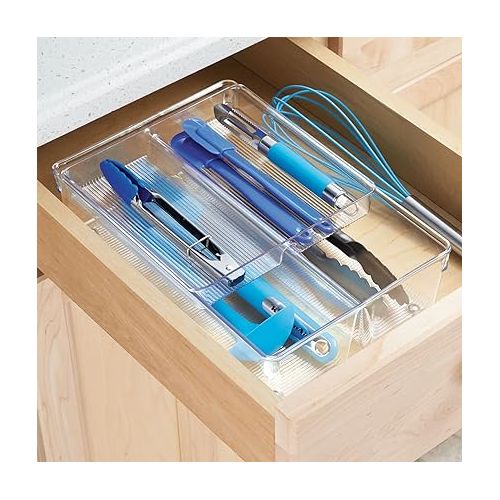  mDesign Plastic Stackable Kitchen Storage Drawer Organizer Bin with 2-Tier Tray for Cabinet, Pantry, Drawer, Refrigerator, Freezer - Hold Utensils, Flatware, Appliances - Ligne Collection - Clear