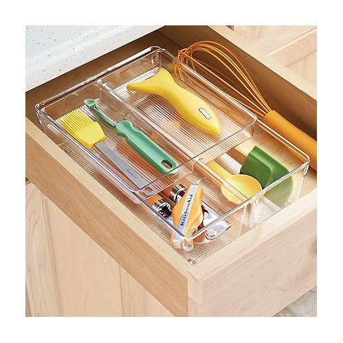  mDesign Plastic Stackable Kitchen Storage Drawer Organizer Bin with 2-Tier Tray for Cabinet, Pantry, Drawer, Refrigerator, Freezer - Hold Utensils, Flatware, Appliances - Ligne Collection - Clear