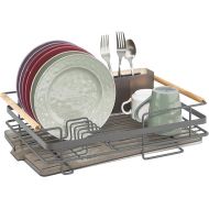 mDesign Modern Metal Kitchen Dish Drainer Drying Rack with Plastic Cutlery Tray, Drainboard, and Natural Wood Handles - Drip Drain Storage for Sink or Countertop - Graphite Gray/Smoke