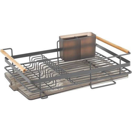  mDesign Modern Metal Kitchen Dish Drainer Drying Rack with Plastic Cutlery Tray, Drainboard, and Natural Wood Handles - Drip Drain Storage for Sink or Countertop - Graphite Gray/Smoke