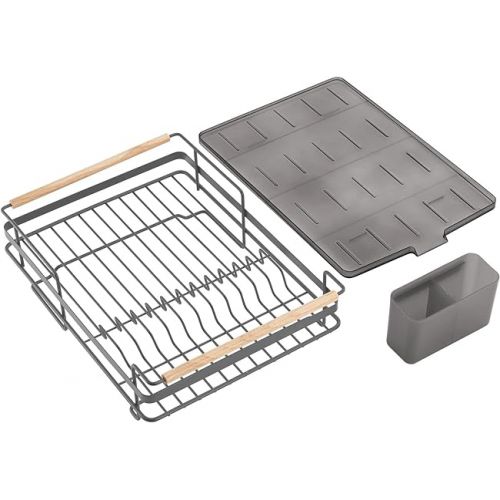  mDesign Modern Metal Kitchen Dish Drainer Drying Rack with Plastic Cutlery Tray, Drainboard, and Natural Wood Handles - Drip Drain Storage for Sink or Countertop - Graphite Gray/Smoke