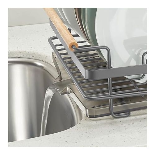  mDesign Modern Metal Kitchen Dish Drainer Drying Rack with Plastic Cutlery Tray, Drainboard, and Natural Wood Handles - Drip Drain Storage for Sink or Countertop - Graphite Gray/Smoke