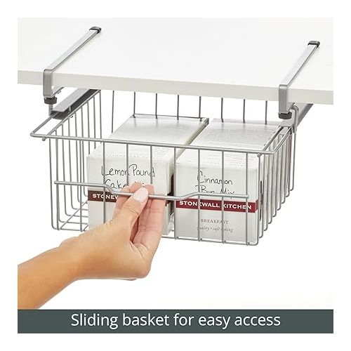  mDesign Compact Hanging Pullout Drawer Basket - Sliding Under Shelf Storage Organizer - Metal Wire - Attaches to Shelving - Easy Install - for Kitchen, Pantry, Cabinet - Silver