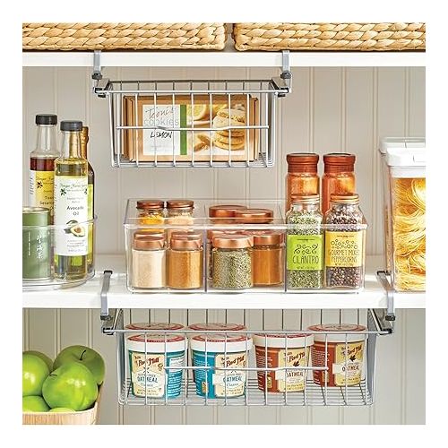  mDesign Compact Hanging Pullout Drawer Basket - Sliding Under Shelf Storage Organizer - Metal Wire - Attaches to Shelving - Easy Install - for Kitchen, Pantry, Cabinet - Silver
