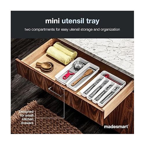  madesmart Classic Mini Utensil Tray, Soft Grip, Non-Slip Kitchen Drawer Organizer, 2 Compartments, Multi-Purpose Home Organization, BPA Free, White