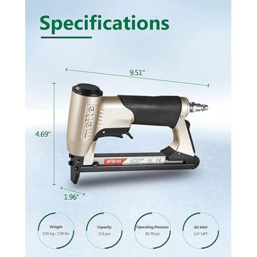  meite MT5016S Upholstery Stapler 20 Gauge 1/2-Inch Crown 1/4-Inch to 5/8-Inch Length Pneumatic Fine Wire Stapler with Safety
