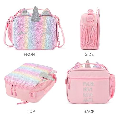  mibasies Kids Insulated Lunch Box for Girls Rainbow Unicorn Lunch Bag for School (Pink Blue Rainbow)