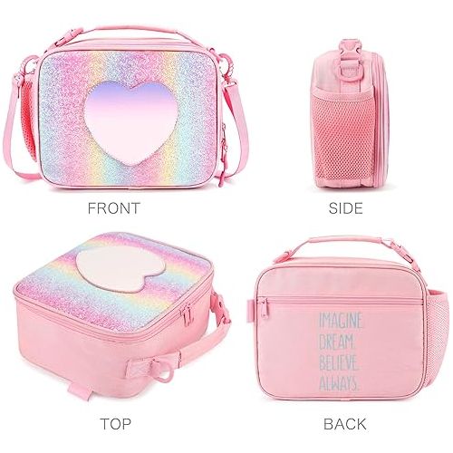  mibasies Girls Lunch Bag for Kids Insulated Lunch Box with Shoulder Strap and Bottle Holder, Glitter Rainbow