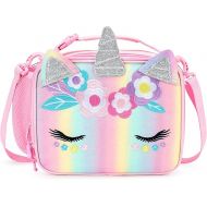 mibasies Unicorn Lunch Bag Kids Insulated Lunch Box for Girls with Water Bottle Holder and Shoulder Strap (Pink Blue Rainbow)