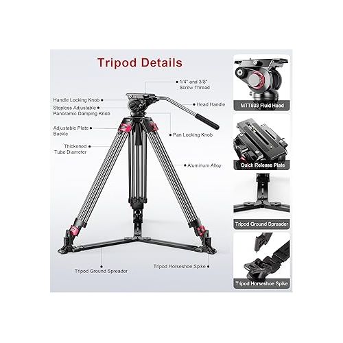  miliboo Heavy Duty Tripod for Camera,Video Tripod with Fluid Head,Aluminum Heavy Duty Tripod for Camera,Maxload 33lbs with Tripod Horseshoe Spike(MTT609A)