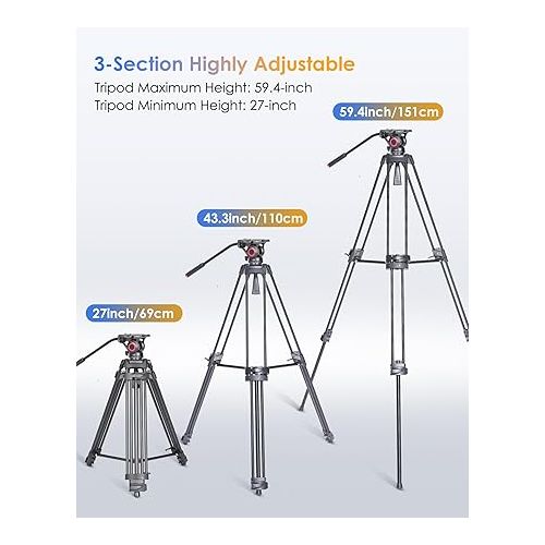  miliboo Video Tripod with Ball Smooth Head, Aluminum Adjustable Professional Tripod for Camera Heavy Duty, Video Tripod with Fluid Head, Maximum Load 22 Pounds (MTT601AⅡ)