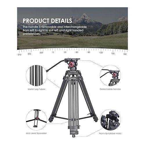  miliboo Video Tripod with Ball Smooth Head, Aluminum Adjustable Professional Tripod for Camera Heavy Duty, Video Tripod with Fluid Head, Maximum Load 22 Pounds (MTT601AⅡ)