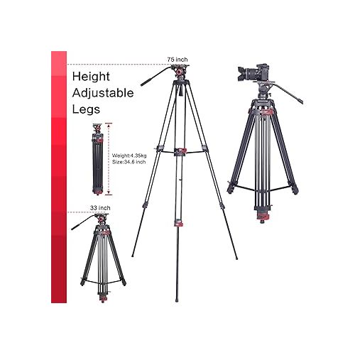  miliboo 75 Inches Video Tripod with Fluid Head,Aluminum Heavy Duty Tripod for Camera,Camera Tripod for Heavy Duty,Quick Release Plate and Ground Spreader for DSLR, Camcorder, Cameras (MTT602A)