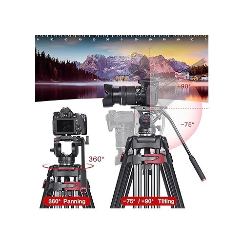  miliboo 75 Inches Video Tripod with Fluid Head,Aluminum Heavy Duty Tripod for Camera,Camera Tripod for Heavy Duty,Quick Release Plate and Ground Spreader for DSLR, Camcorder, Cameras (MTT602A)