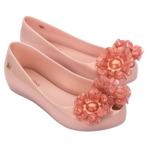  mini melissa Ultragirl Springtime Ballet Flats for Girls - Comfortable & Cute Peep Toe Jelly Flat Shoes with Flower Bows, Jelly Shoes for Kids, Pearly Pink, 1