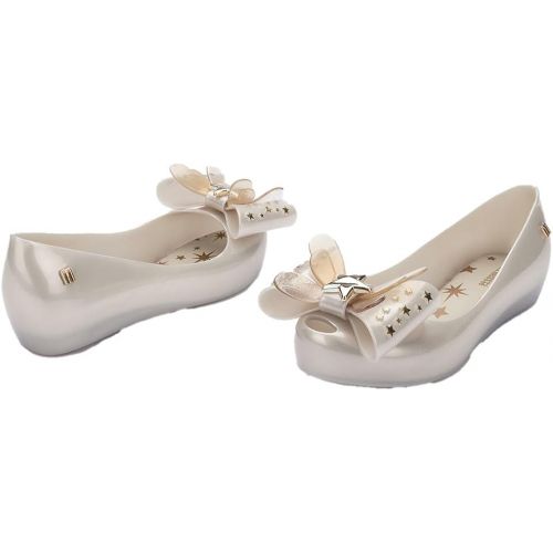  mini melissa Ultragirl Star Mary Jane Flats for Girls, Kid Shoes - Comfy & Cute Peep Toe Jelly Shoes, Ballet Flat for Kids, Adjustable Strap, White Metallic, 3