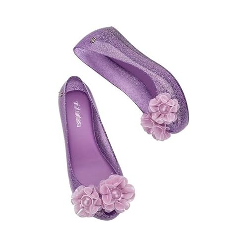  mini melissa Ultragirl Springtime Ballet Flats for Girls - Comfortable & Cute Peep Toe Jelly Flat Shoes with Flower Bows, Jelly Shoes for Kids, Glitter Lilac, 1