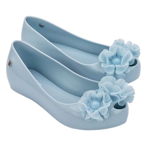  mini melissa Ultragirl Springtime Ballet Flats for Girls - Comfortable & Cute Peep Toe Jelly Flat Shoes with Flower Bows, Jelly Shoes for Kids, Blue, 4