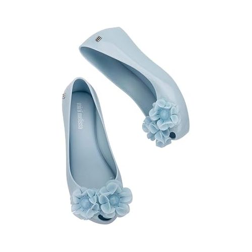  mini melissa Ultragirl Springtime Ballet Flats for Girls - Comfortable & Cute Peep Toe Jelly Flat Shoes with Flower Bows, Jelly Shoes for Kids, Blue, 4