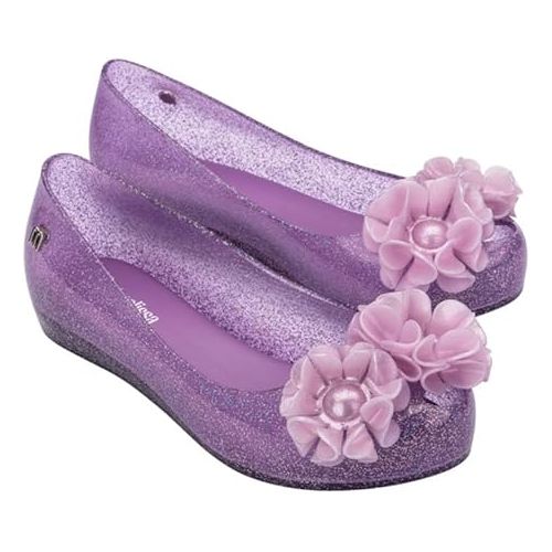  mini melissa Ultragirl Springtime Ballet Flats for Girls - Comfortable & Cute Peep Toe Jelly Flat Shoes with Flower Bows, Jelly Shoes for Kids, Glitter Lilac, 3