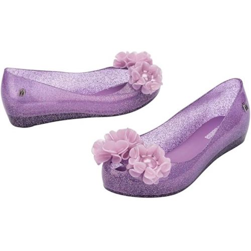  mini melissa Ultragirl Springtime Ballet Flats for Girls - Comfortable & Cute Peep Toe Jelly Flat Shoes with Flower Bows, Jelly Shoes for Kids, Glitter Lilac, 3