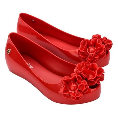  Mini Melissa Ultragirl Springtime Ballet Flats for Girls - Comfortable & Cute Peep Toe Jelly Flat Shoes with Flower Bows, Jelly Shoes for Kids, Red, 13