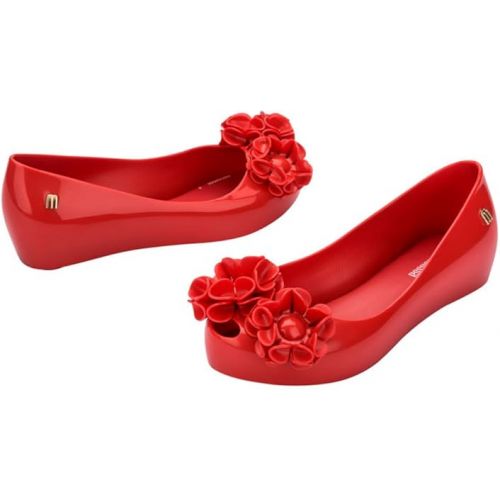  Mini Melissa Ultragirl Springtime Ballet Flats for Girls - Comfortable & Cute Peep Toe Jelly Flat Shoes with Flower Bows, Jelly Shoes for Kids, Red, 13