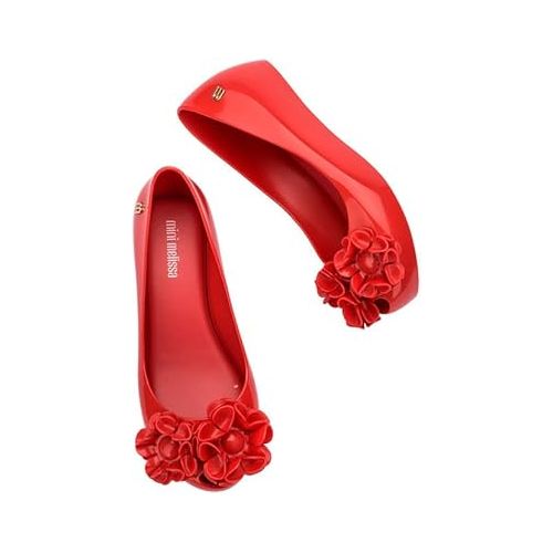  Mini Melissa Ultragirl Springtime Ballet Flats for Girls - Comfortable & Cute Peep Toe Jelly Flat Shoes with Flower Bows, Jelly Shoes for Kids, Red, 13