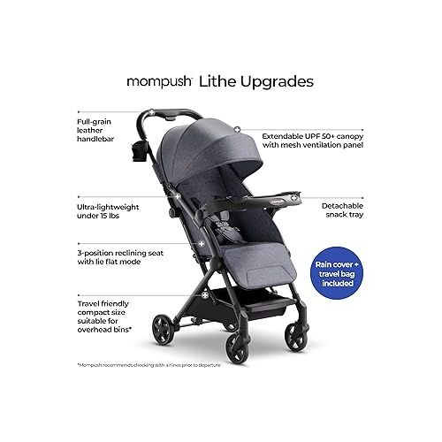  Mompush Lithe V2 Lightweight Stroller + Snack Tray, Ultra-Compact Fold & Airplane Ready Travel Stroller, Near Flat Recline Seat, Cup Holder, Raincover & Travelbag Included