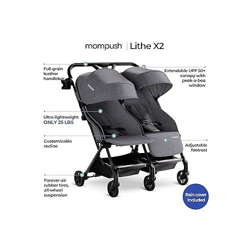 Mompush Lithe Double Ultralight Stroller, Lightweight Side by Side Stroller, Two Large Seats with Individual Recline, Easy Fold Twin Stroller