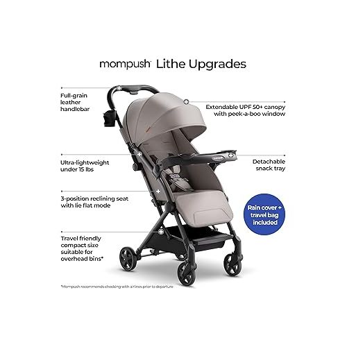  Mompush Lithe V2 Lightweight Stroller + Snack Tray, Ultra-Compact Fold & Airplane Ready Travel Stroller, Near Flat Recline Seat, Cup Holder, Raincover & Travel Bag Included