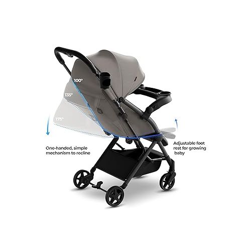  Mompush Lithe V2 Lightweight Stroller + Snack Tray, Ultra-Compact Fold & Airplane Ready Travel Stroller, Near Flat Recline Seat, Cup Holder, Raincover & Travel Bag Included