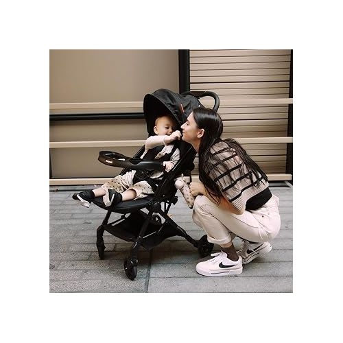  Mompush Lithe V2 Lightweight Stroller + Snack Tray, Ultra-Compact Fold & Airplane Ready Travel Stroller, Near Flat Recline Seat, Cup Holder, Raincover & Travel Bag Included