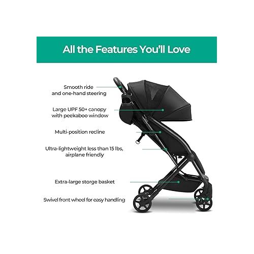  Mompush Lithe Lightweight Stroller, Compact One-Hand Fold Travel Stroller for Airplane Friendly, Reclining Seat and Large Canopy, with Rain Cover & Travel Carry Bag & Cup Holder