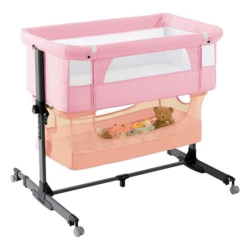  3 in 1 Baby Crib Bedside Crib,Baby Bassinet with Breathable Net,Adjustable Portable Bed for Infant/Baby,Pink, 10.0 kilograms