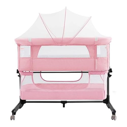  3 in 1 Baby Crib Bedside Crib,Baby Bassinet with Breathable Net,Adjustable Portable Bed for Infant/Baby,Pink, 10.0 kilograms