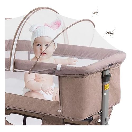  3in1 Bedside Crib for Girl or Boy, Bedside Sleeper for Baby Portable and Adjustable Crib with Mosquito net for Newborn Baby,Deep Khaki