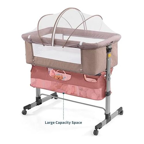  3in1 Bedside Crib for Girl or Boy, Bedside Sleeper for Baby Portable and Adjustable Crib with Mosquito net for Newborn Baby,Deep Khaki