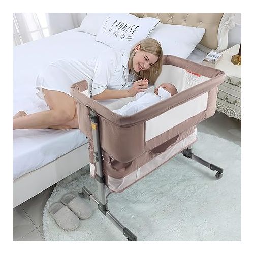  3in1 Bedside Crib for Girl or Boy, Bedside Sleeper for Baby Portable and Adjustable Crib with Mosquito net for Newborn Baby,Deep Khaki