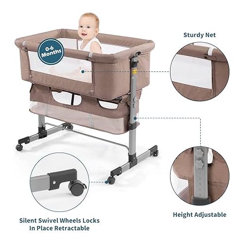  3in1 Bedside Crib for Girl or Boy, Bedside Sleeper for Baby Portable and Adjustable Crib with Mosquito net for Newborn Baby,Deep Khaki