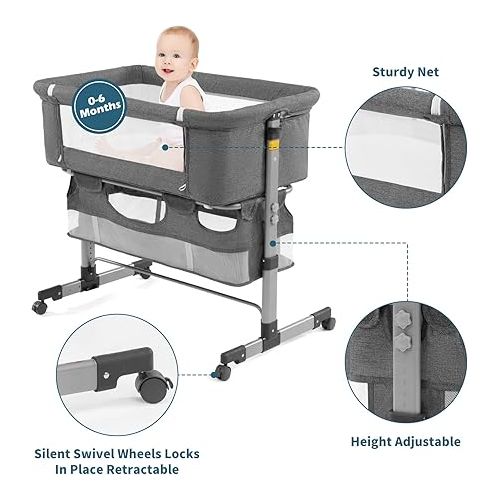  Bedside Sleeper Bedside Crib, Baby Bassinet 3 in 1 Travel Baby Crib Baby Bed with Breathable Net,Adjustable Portable Bed for Infant/Baby(Deep Grey)