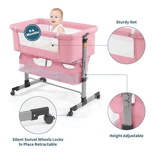  3 in 1 Travel Baby Crib,Baby Bed with Breathable Net,Adjustable Portable Bed for Infant/Baby with Detachable Mosquito net and Mattress,Pink