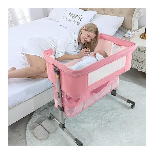  3 in 1 Travel Baby Crib,Baby Bed with Breathable Net,Adjustable Portable Bed for Infant/Baby with Detachable Mosquito net and Mattress,Pink