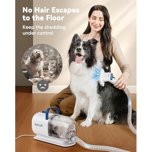  oneisall Dog Grooming Vacuum Blow Dryer and Clippers, Dog Grooming Kit for Shedding Drying Trimming Pet's Hair, 7 Levels of Blow Temperature, Adjustable Air Flow