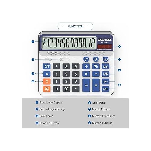  Desktop Calculator Extra Large 5in LCD Display 12-Digit Big Button Giant Accounting Calculator, Battery & Solar Powered, for Office Business & Home(OS-6815)