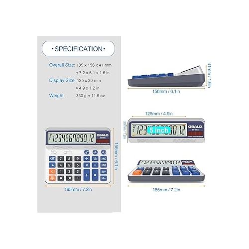  Desktop Calculator Extra Large 5in LCD Display 12-Digit Big Button Giant Accounting Calculator, Battery & Solar Powered, for Office Business & Home(OS-6815)