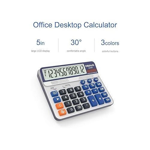  Desktop Calculator Extra Large 5in LCD Display 12-Digit Big Button Giant Accounting Calculator, Battery & Solar Powered, for Office Business & Home(OS-6815)