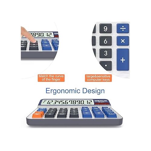  Desktop Calculator Extra Large 5in LCD Display 12-Digit Big Button Giant Accounting Calculator, Battery & Solar Powered, for Office Business & Home(OS-6815)