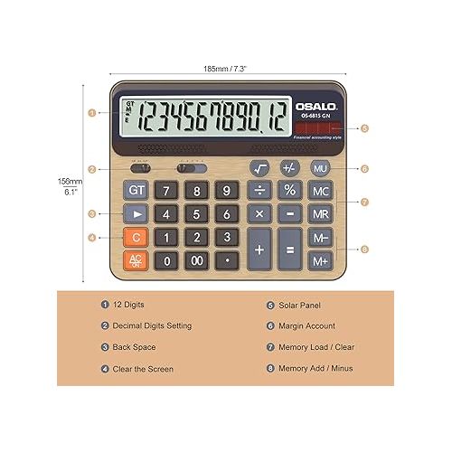  Desktop Calculator Extra Large 5-Inch LCD Display 12-Digit Big Number Accounting Calculator with Giant Response Button, Battery & Solar Powered, Perfect for Office Business Home Daily Use(OS-6815GN)